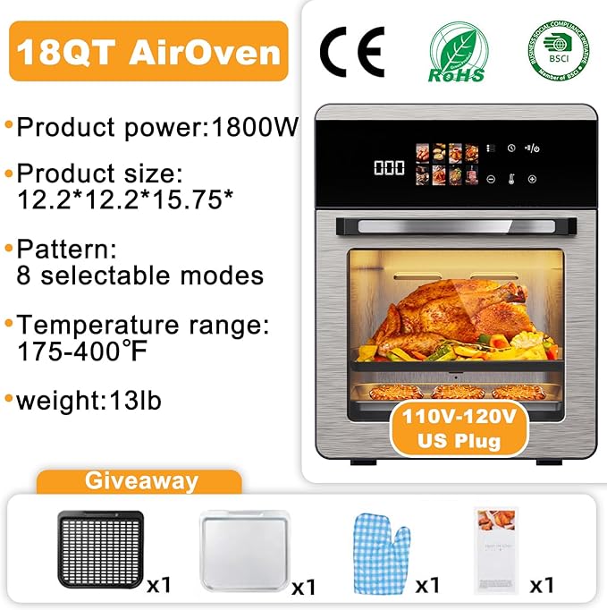 18QT Large Air Fryer Oven with Touch Screen Display, 10-in-1 Air Fry, Roast, Bake, Broil, Dry, Frozen, Proof Combo with Window, Family-Size, Multi-Function, Healthy Cooking 120V