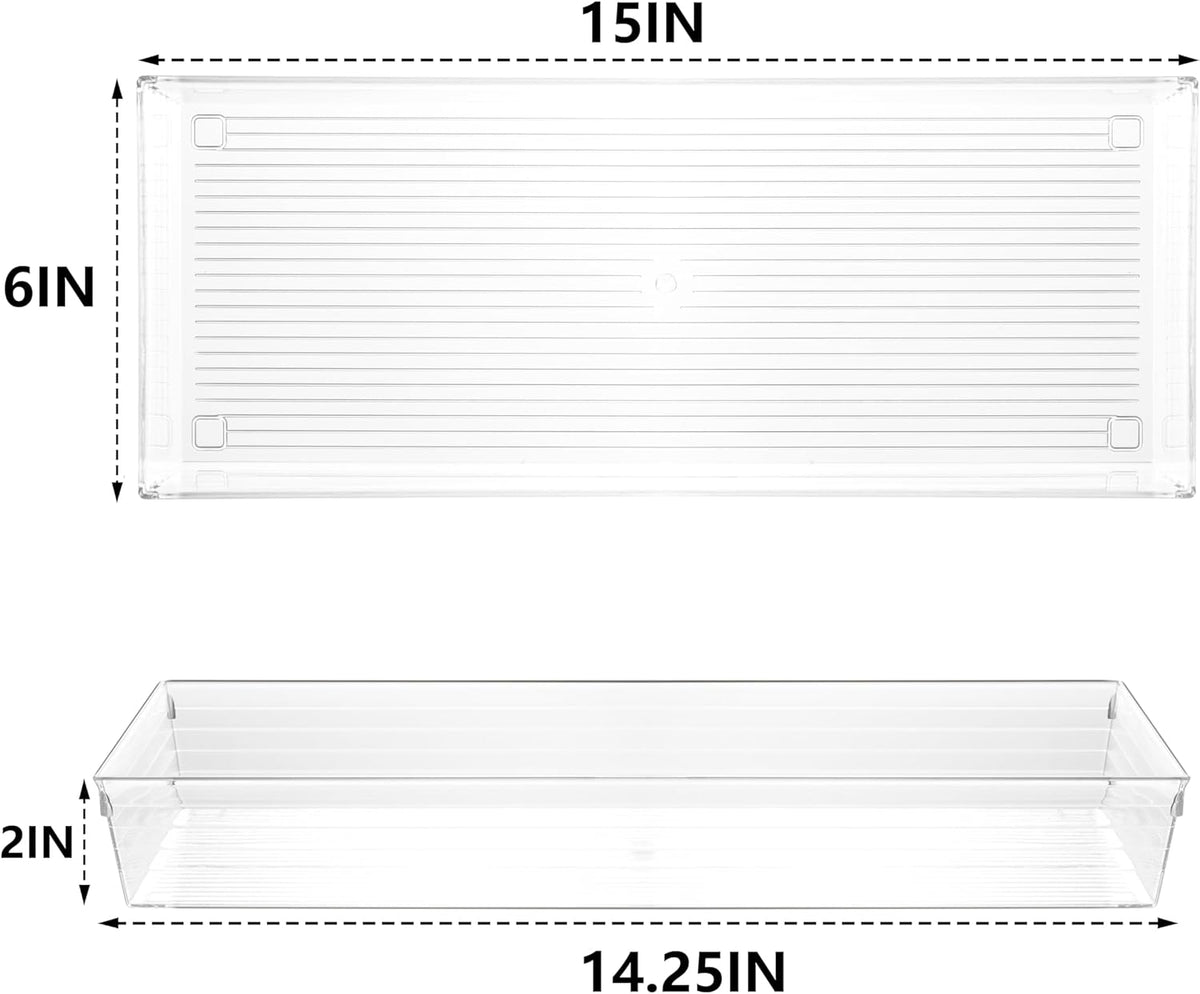 Backerysupply 4 Pack Storage Bins For Bathroom Cosmetic Makeup Vanity Clear Plastic Desk Drawer Organizers Tray Kitchen Utensils Silverware Dividers 15"x6"x2"
