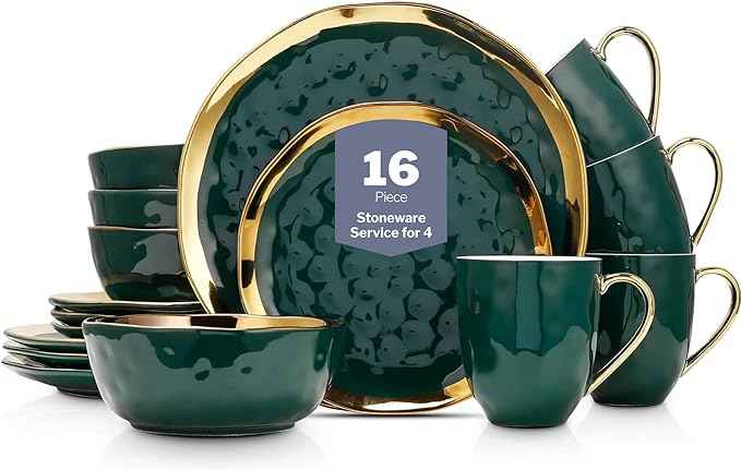 Stone Lain Florian Modern Porcelain 16 Piece Dinnerware Set, Plates and Bowls Set, Dish set for 4, Green and Golden Rim