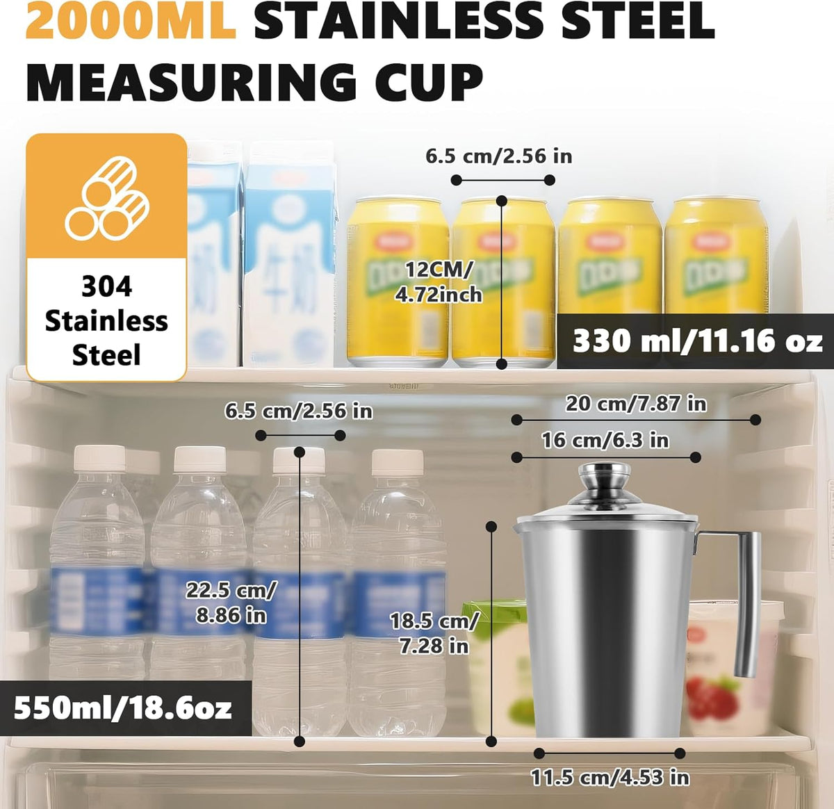 2000ml Stainless Steel Measuring Cup 64 oz with Handle and Glass Lid, Metal Measuring Pitchers with ML/Ounce Scale, Large Mouth Graduated Beakers