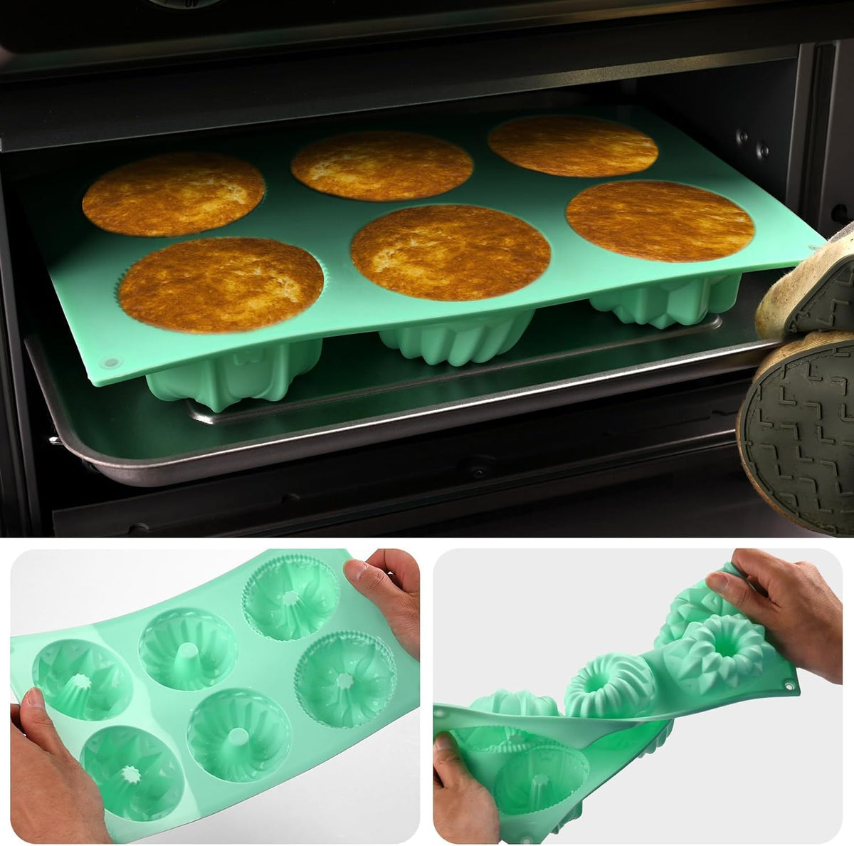 HUAKENER 2 Pcs Mini Fluted Cake Pan, 6-Cavity Fluted Tube Cake Pan, Non-stick Silicone Baking Mold for Cupcakes, Donuts, Cornbread, Brownies, Jellies