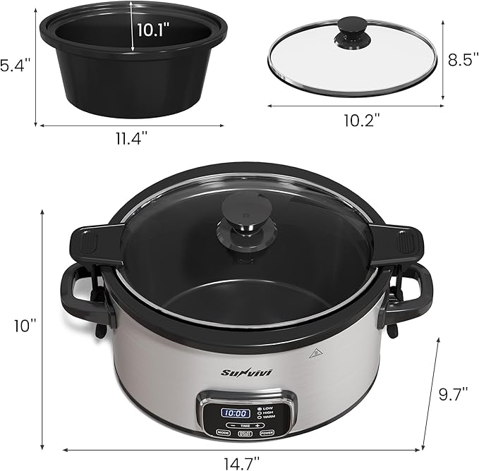 Sunvivi 4QT Programmable Slow Cooker with Locking Lid, Removable Ceramic Pot, 3 Heating Settings & Timer, Dishwasher-Safe, Stainless Steel