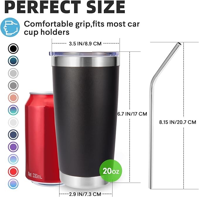 Volhoply 20oz Stainless Steel Tumbler with Lid and Straw Bulk 8 Pack,Double Wall Insulated Travel Iced Coffee Mug Fits Cup holder,Powder Coated Cups for Hot/Cold Drinks,Gifts for Women（Black,8 Set）