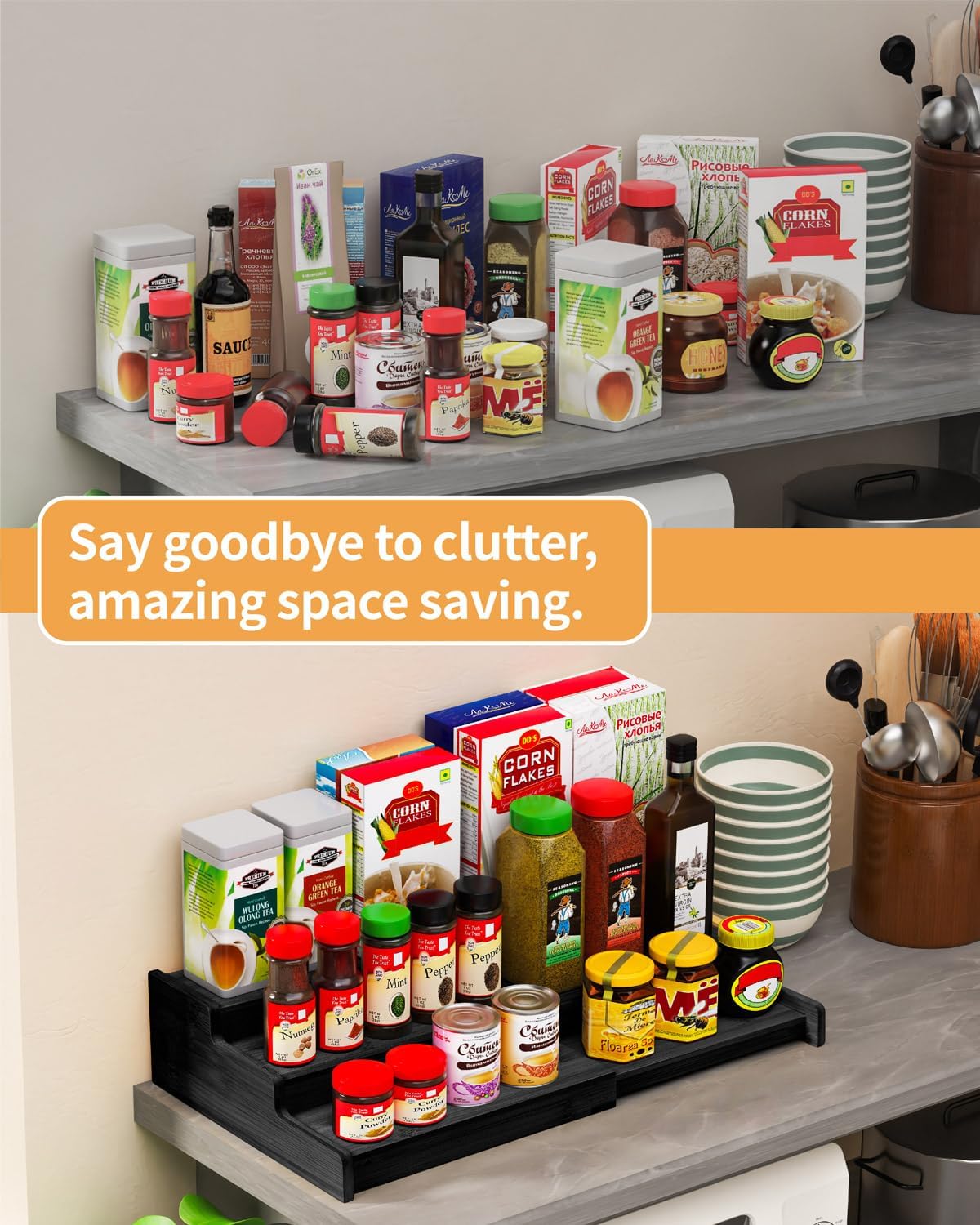 Spice Rack Organizer, 3 Tier Expandable Bamboo Spice Rack Organizer, Great for Kitchen Cabinet, Cupboard, Pantry and More-Black