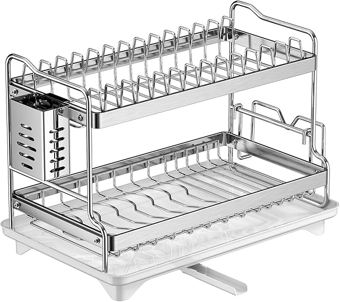 Dish Drying Rack, Double Layered countertop Kitchen Organizer with Drainage Large Bowl Rack and Storage Rack with Drainage Board, Suitable for Kitchen Bars (Silver)