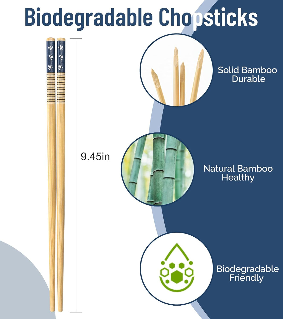 100 Pairs Bamboo Chopsticks Reusable | Dishwasher Safe | Durable | Separated | Bulk | Non slip | - （9.45in）