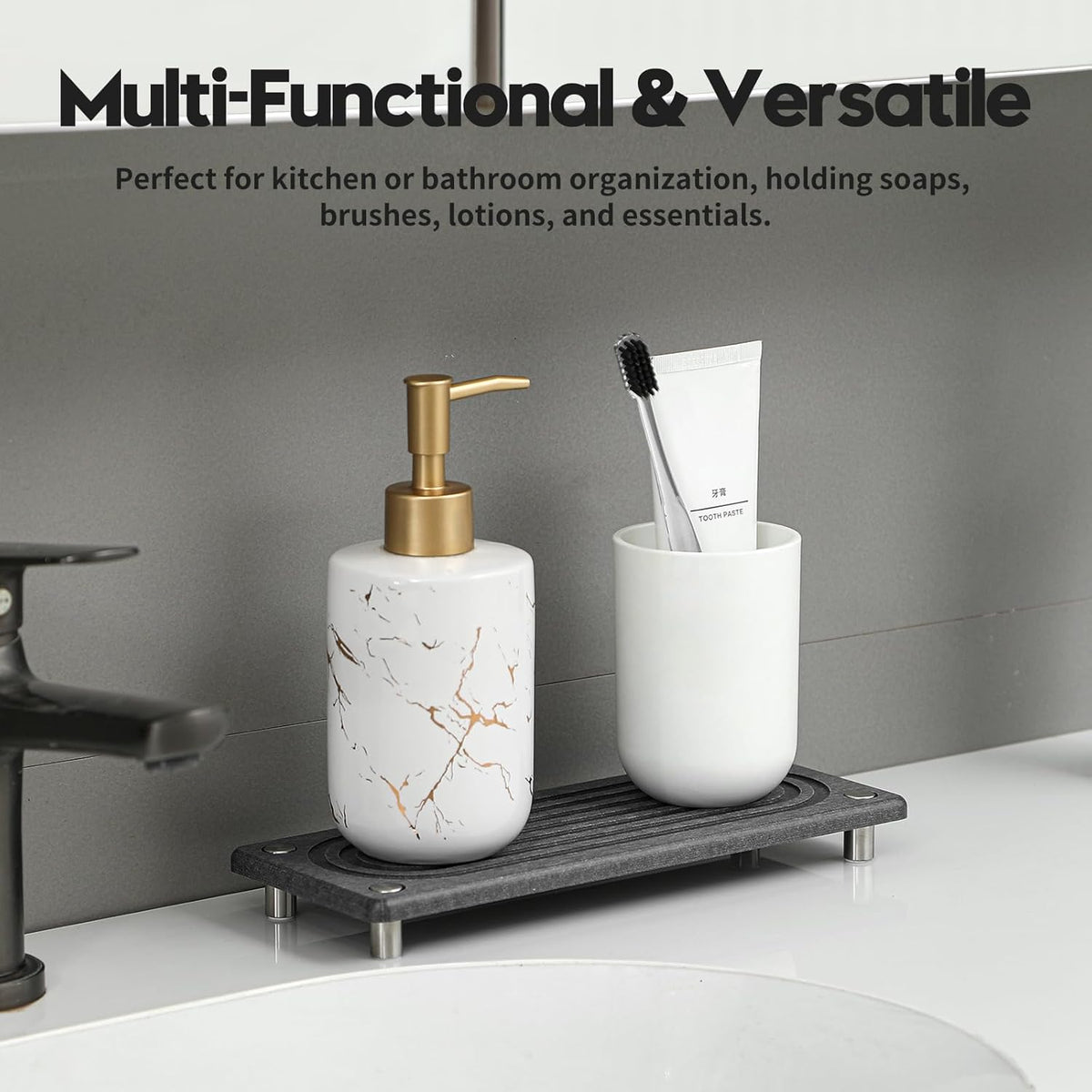 Water Absorbing Stone Sink Caddy Kitchen Sink Organizer Tray, Diatomite Bathroom Counter Tray, Faucet Drying Mat Coaster Soap Dish Rack Riser Dispenser Sponge Holder, Charcoal 10" x 4"