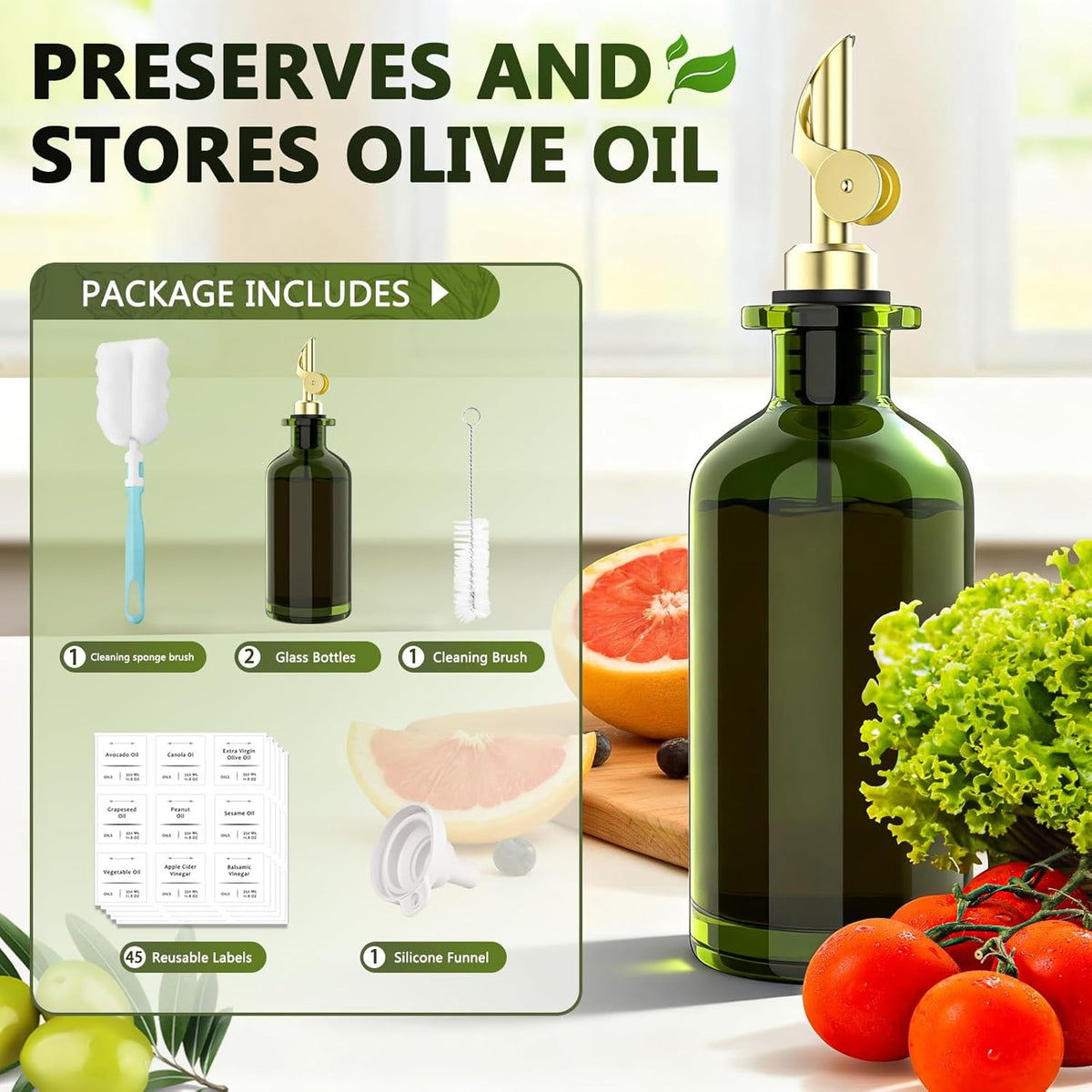 COOLMI Oil Dispenser for Kitchen - 12oz/350ml, Set of 2 Extra Thick Food Grade Glass Olive Oil Dispenser Bottle with Cleaning Brush, Stickers and Funnel (Gold)