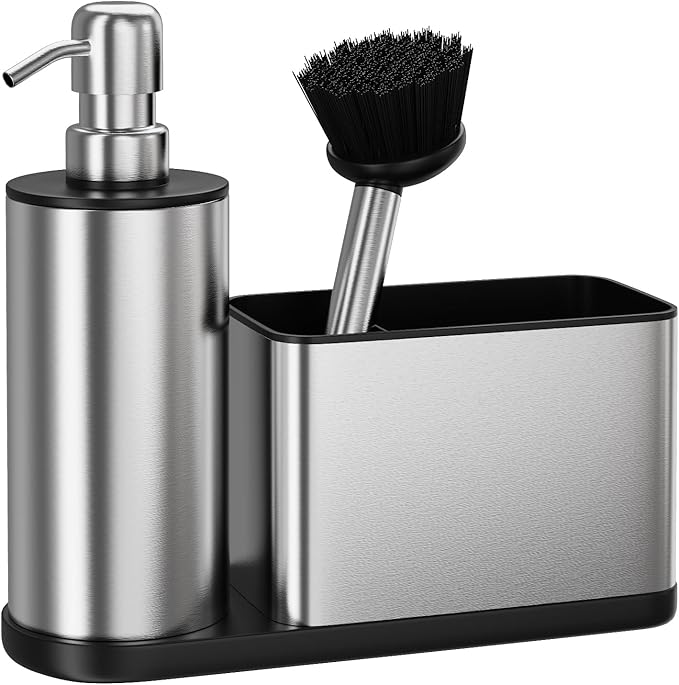 ODesign Kitchen Soap Dispenser Set - 3 in 1, Stainless Steel Dish Soap Dispenser with Sponge Holder, Dish Brush & Brush Holder, Kitchen Sink Caddy Organizer for Countertop - Rustproof, Non-Slip