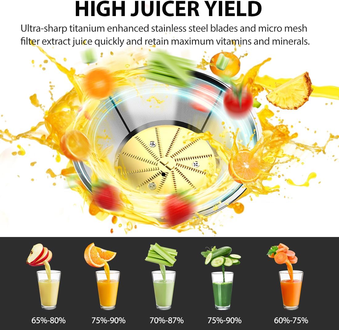 1300W KOIOS Centrifugal Juicer Machines, Juice Extractor with Extra Large 3inch Feed Chute, Full Copper Motor, Titanium-Plated Filter, High Juice Yield, 3 Speeds Mode, Brush included, Non-BPA, Red