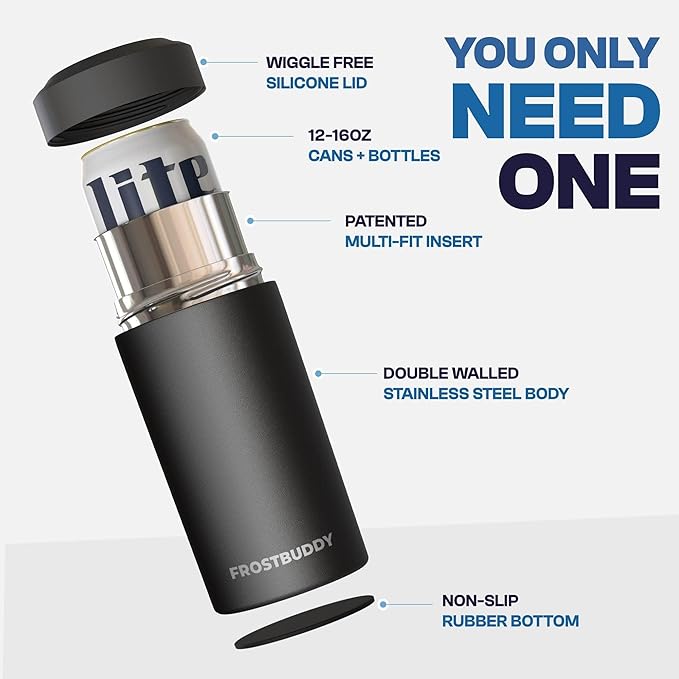 Frost Buddy Universal Can Cooler - Fits All - For Regular 12 & 16 oz or Slim-Size Bottles - Insulated Double-Walled Stainless Steel (MatteBlack)