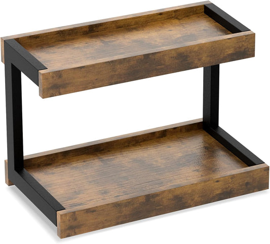 MARTY 2 Tier Spice Rack Organizer for Countertop, 15.8''L Coffee Station/Bathroom Organizer Countertop, Counter Shelf Desktop Storage Organizer for Kitchen, Bedroom, Office (Rustic Brown)