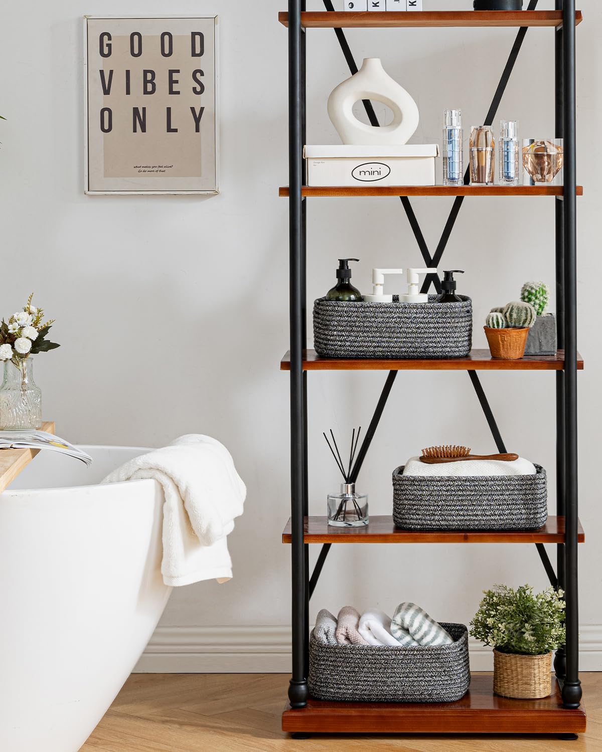 Small Woven Basket, 12 x 8 x 4.5 Inches, Storage Basket for Organizing, Cute Small Rope Shelf Closet Cube Storage Bins Baskets for Shelves, Dog Toy Gift Baskets Empty, 3 Pack Mixed Black