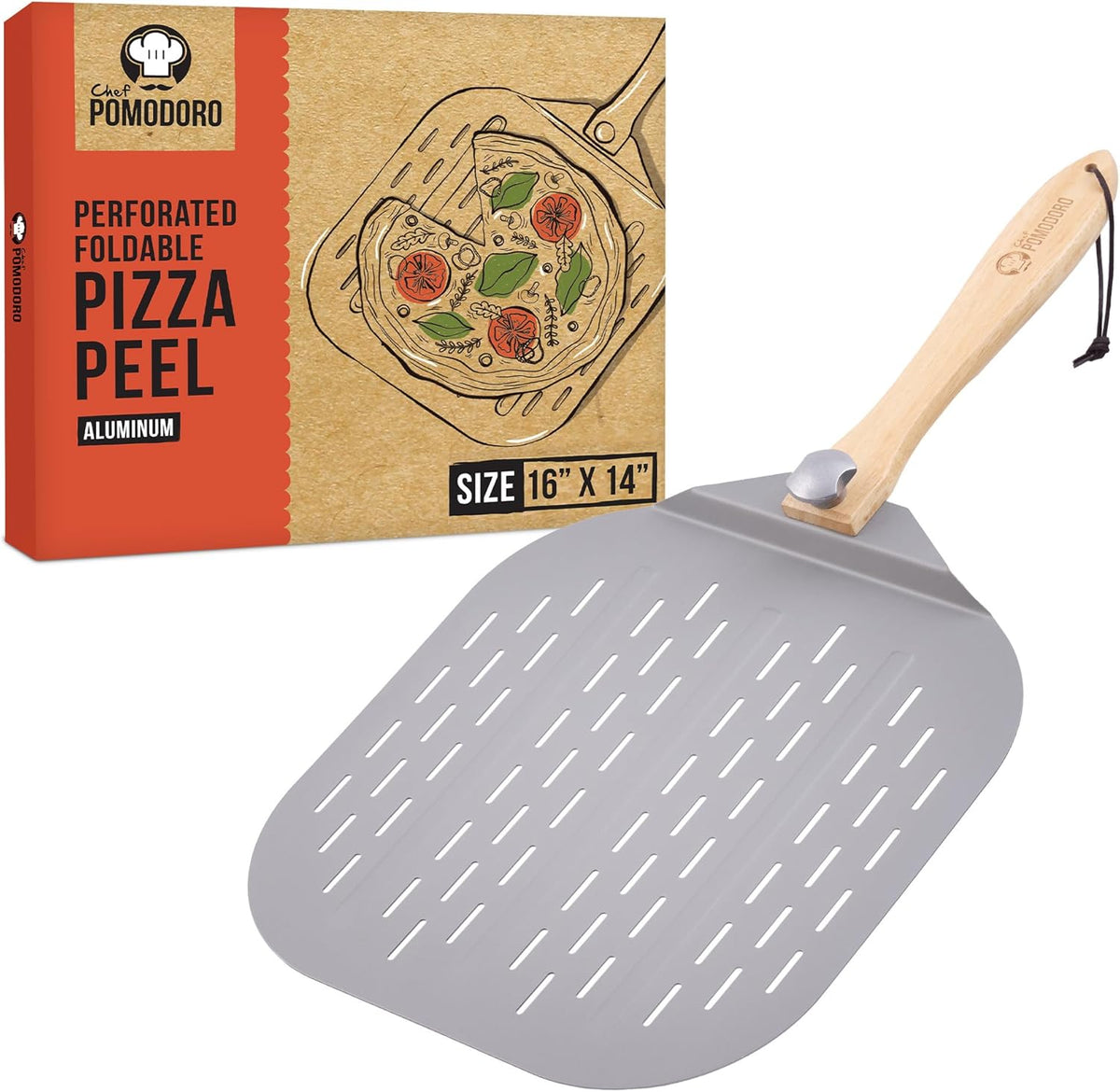 Chef Pomodoro Aluminum Metal Pizza Peel with Foldable Wood Handle for Easy Storage, Pizza Spatula, Gourmet Luxury Pizza Paddle for Baking Homemade Pizza Bread (16 inch)
