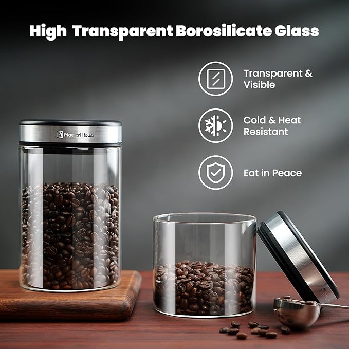 Maestri House Vacuum Coffee Canister with Spoon, 40 OZ AirTight Glass Coffee Bean Storage Container, Food Storage Jar, for 1 lb Beans, Grounds Coffee, Tea, Flour, Cereal, Sugar (Silver)