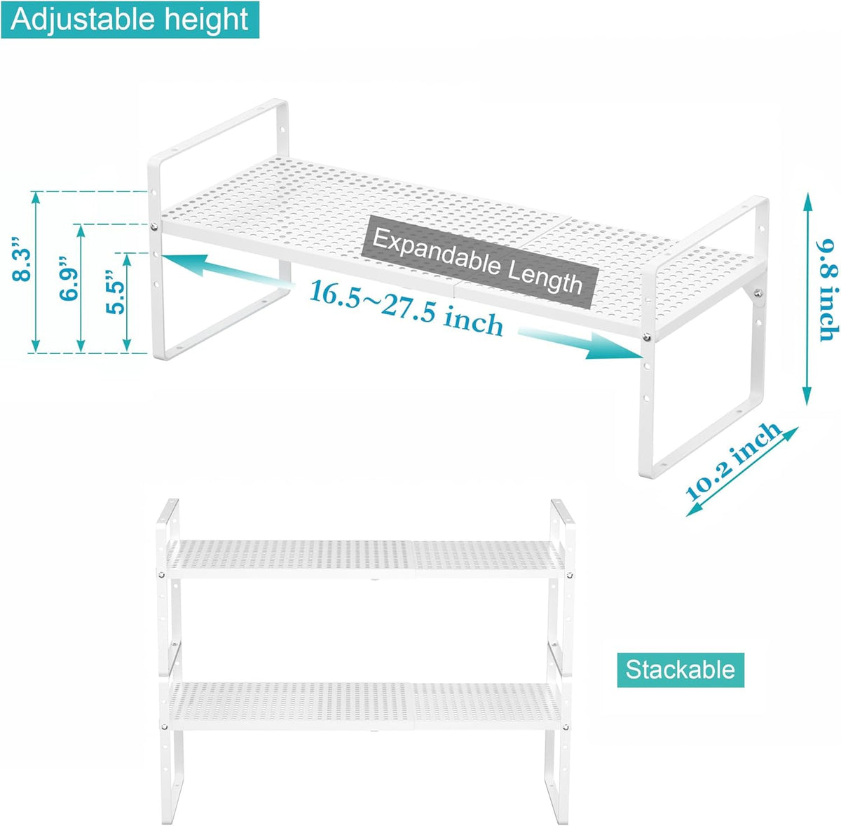 iPEGTOP 3 Pack Large Expandable Cabinet Storage Shelf, Heavy Duty Stackable Steel Metal Spice Rack Adjustable Height Home Office Pantry Garage Shelves for Counter Kitchen Organization, White