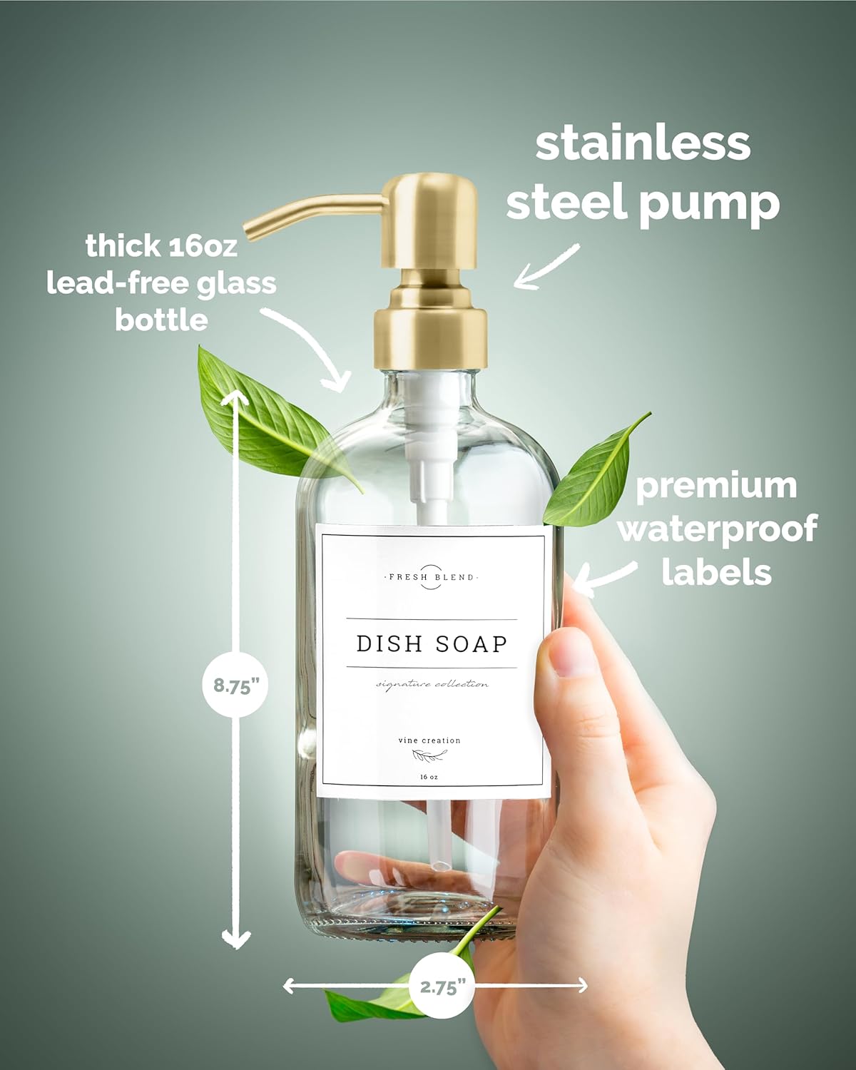 Vine Creations Clear Glass Soap Dispenser, 2 Pack Kitchen Soap Dispenser Set with Stainless Steel Pump, 16 oz Dish Soap and Hand Soap Dispensers for Bathroom with Waterproof Labels