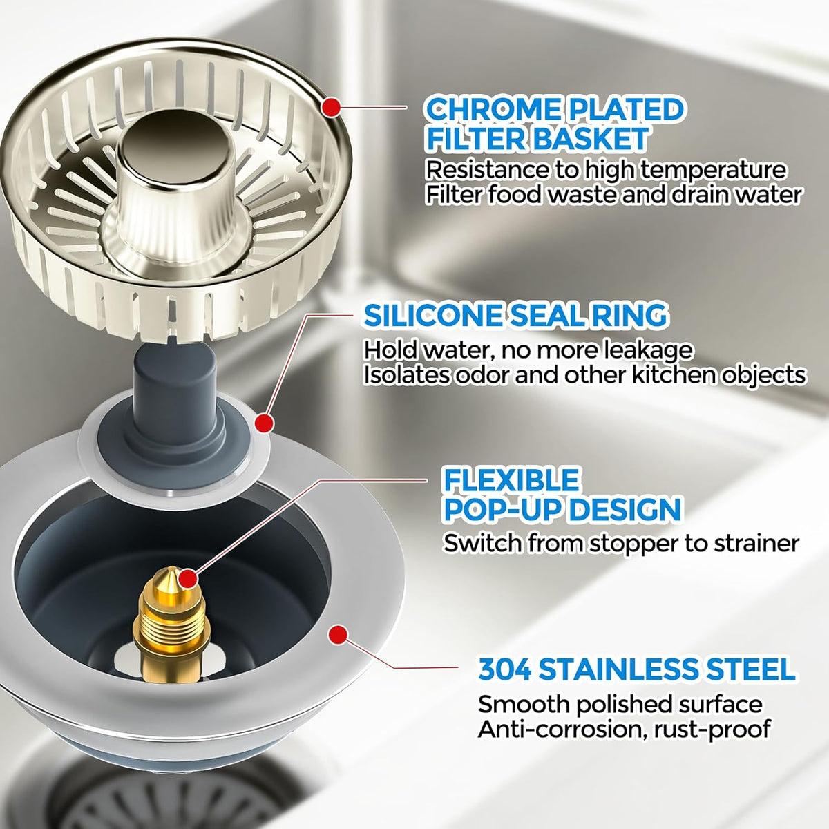 zaa Kitchen Sink Drain Strainer - Kitchen Sink Stopper, 304 Stainless Steel Sink Drain Stopper, Sink Protector for Kitchen with Anti-Clog Filter, Fit US Standard 3-1/2'' Sink Drain Hole, Nickel