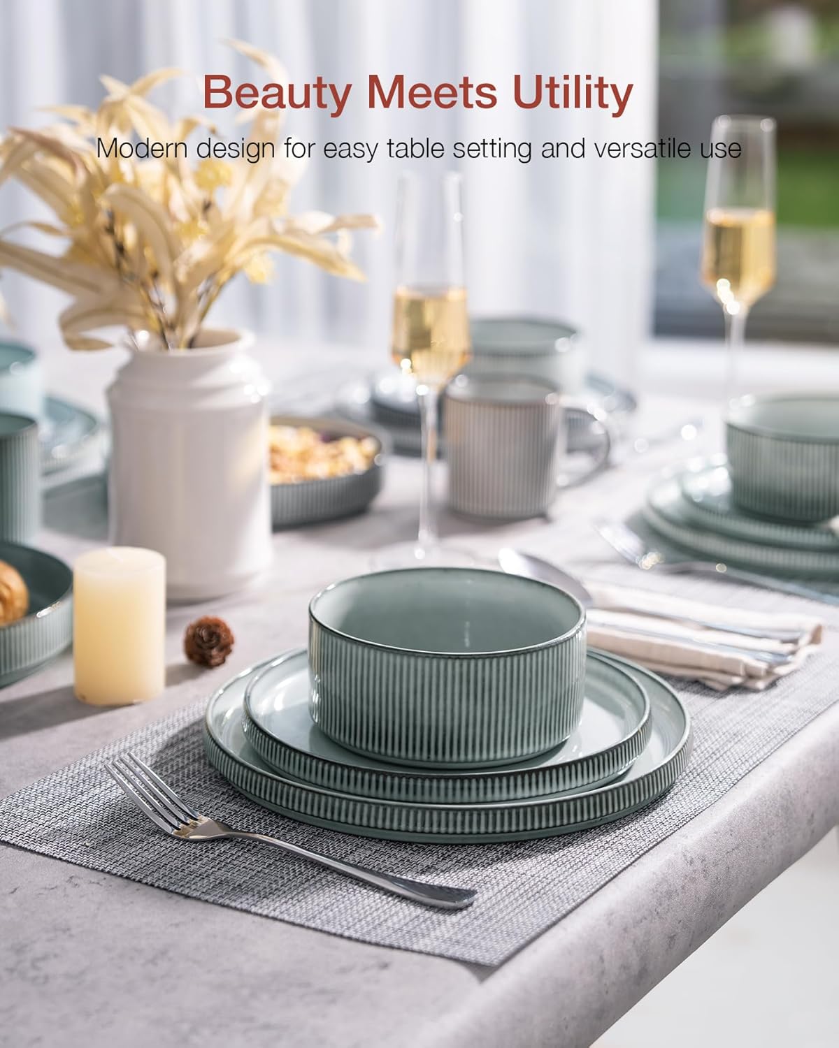 Famiware Star Dinnerware Set with Mugs, Service for 4 (16pcs), Ribbed Stoneware Plates and Bowls Dishes Sets - Chip & Scratch Resistant, Microwave & Dishwasher Safe, Smoky Blue