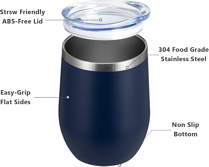 MEWAY 12oz Wine Tumbler 16 Pack Bulk Gifts for Women,Double Wall Vacuum Stainless Steel Travel Mug with Lid,Insulated Stemless Wine Cup Glass for Coffee,Cocktails,Drinks(Navy,Set of 16)
