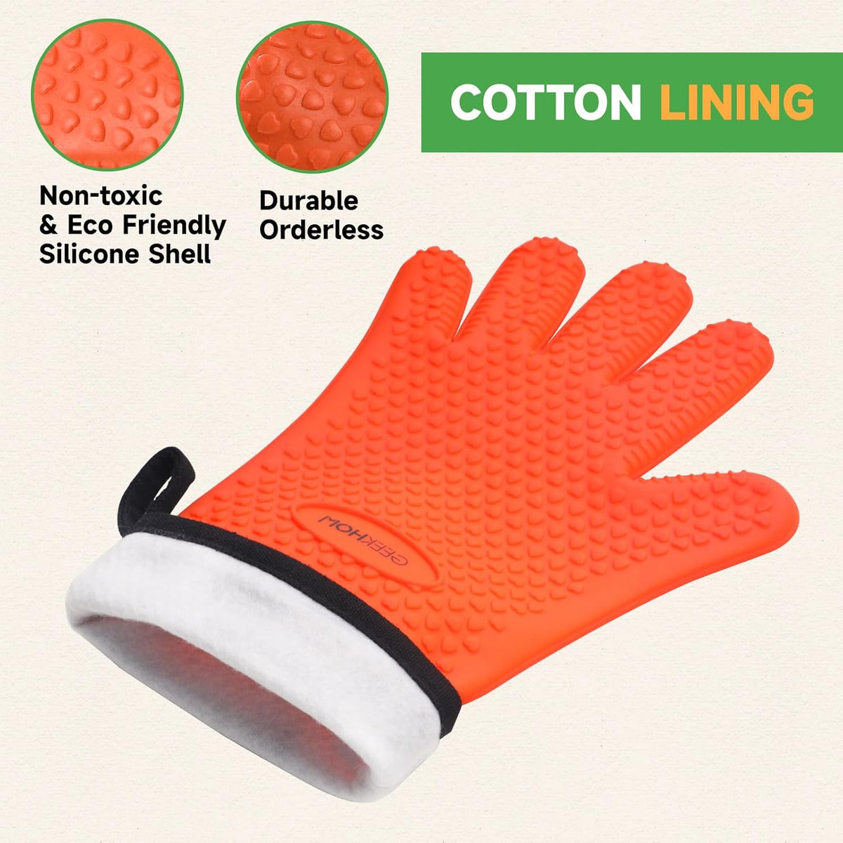 GEEKHOM BBQ Gloves Heat Resistant Oven Mitts - Silicone Grilling Gloves with 14" Long Arm Protection - Waterproof Pot Holder Non-Slip for Men & Women, Kitchen Cooking, Baking, Camping, Orange
