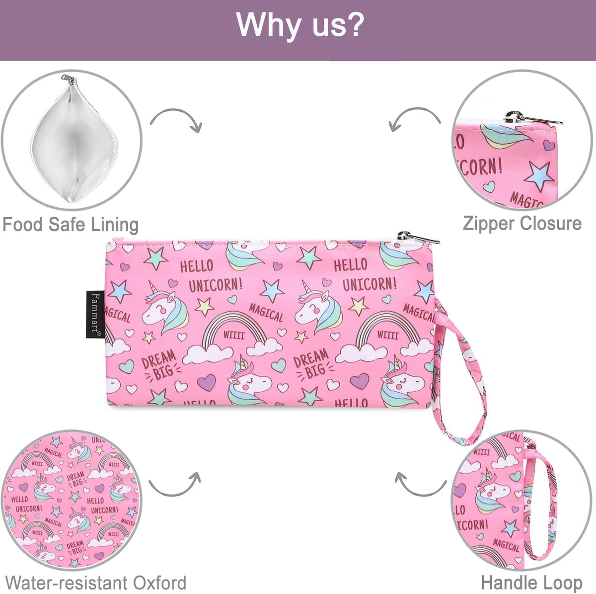 Reusable Sandwich Bag/Snack Bag for Kids & Adults, Dual Layer Lunch Bag with Handle, Washable, Food Safe, BPA Free (2-Pack, Rainbow Unicorn)