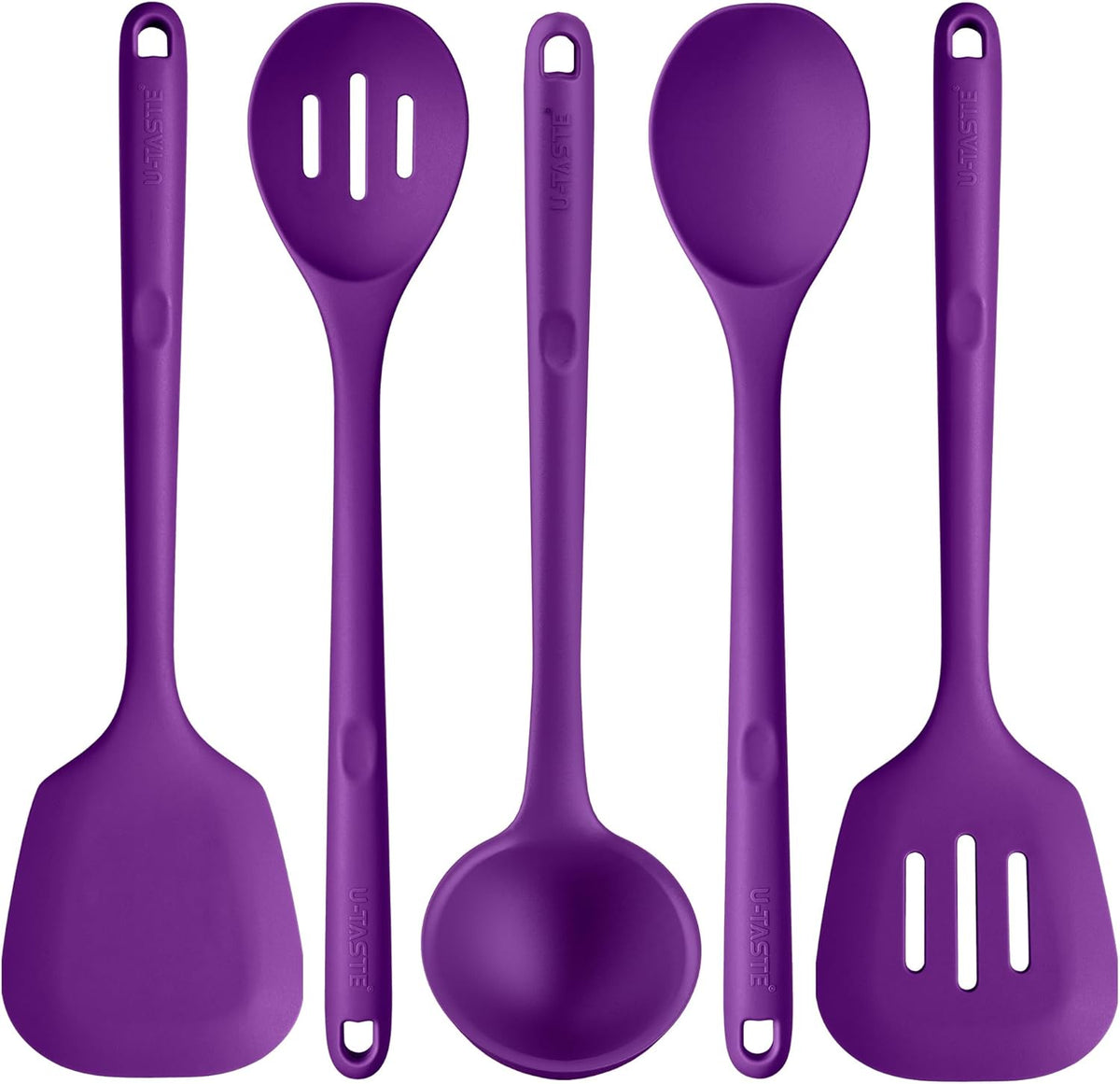 Silicone Kitchen Cooking Utensil Set: U-Taste 600ºF Heat Resistant 13.6in Extra Long Kitchen Tools, Food-Grade Non-Stick Spatula Turner Spoon Ladle for Stir Frying, Serving, Mixing (5 Pieces, Purple)