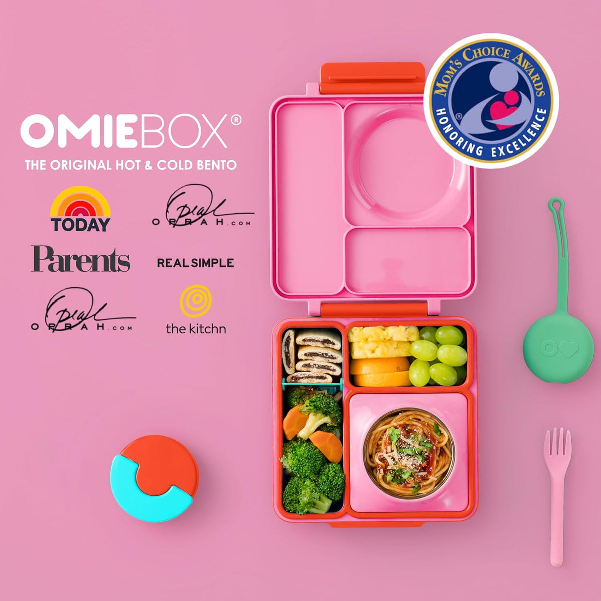 OmieBox Bento Box for Kids - Insulated Bento Lunch Box with Leak Proof Vacuum Insulated Food Jar - 3 Compartments, Two Temperature Zones (Pink Berry)