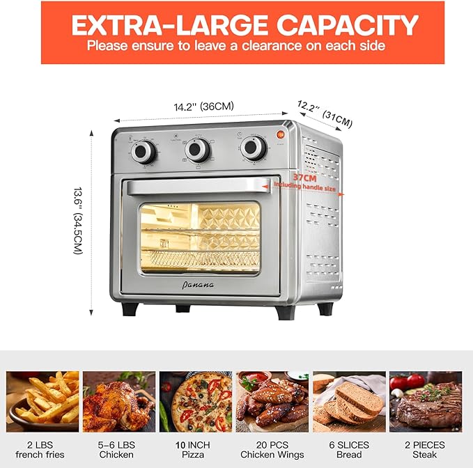 Panana Compact Airfryer Toaster Oven, 1400W 21QT with 6-in-1 Multifunctions and Wide Temperature Range, Air Fryer Oven with 60-Minute Timer/Auto-Off, Stainless Steel Countertop Oven (Silver)