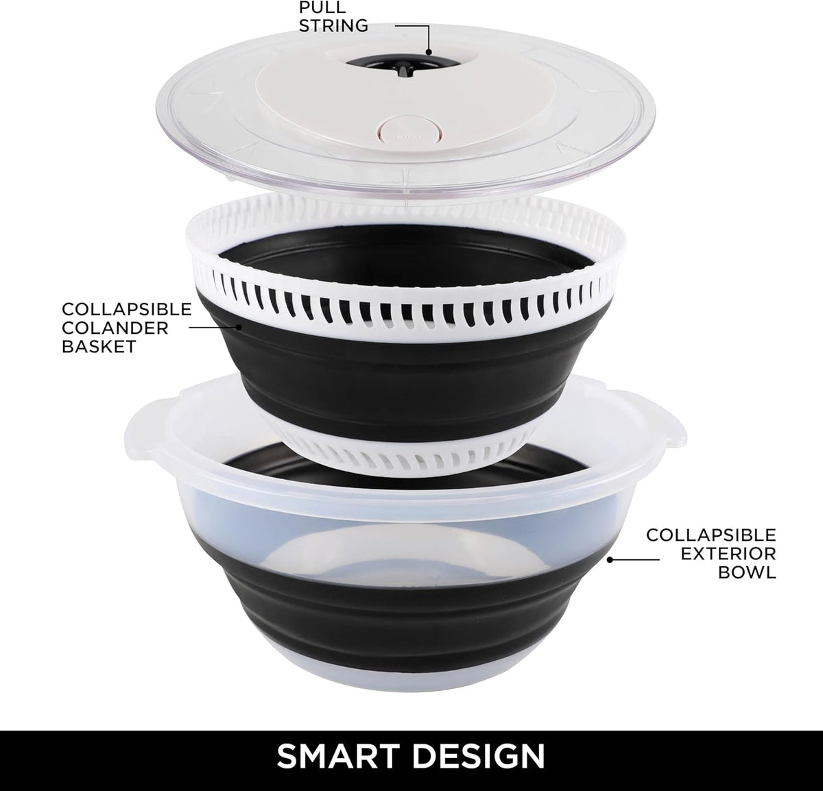 COOK WITH COLOR Collapsible Salad Spinner - 4 QT Space Saving Lettuce Dryer with Folding Collapsible Colander Great for Washing and Drying Fruit and Vegetables (Black)