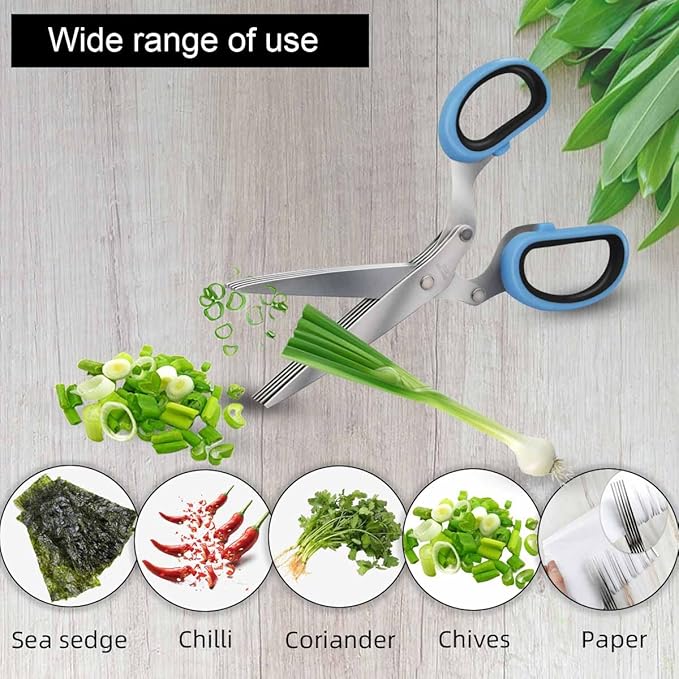 5 Blade Herb Scissors Kitchen Herbs Shears Cutter Set Multipurpose Cutting Shear with 5 Stainless Steel Blades & Safety Cover & Cleaning Comb Salad Sizzors Cilantro Chive Parsley Scissors (Blue Black)