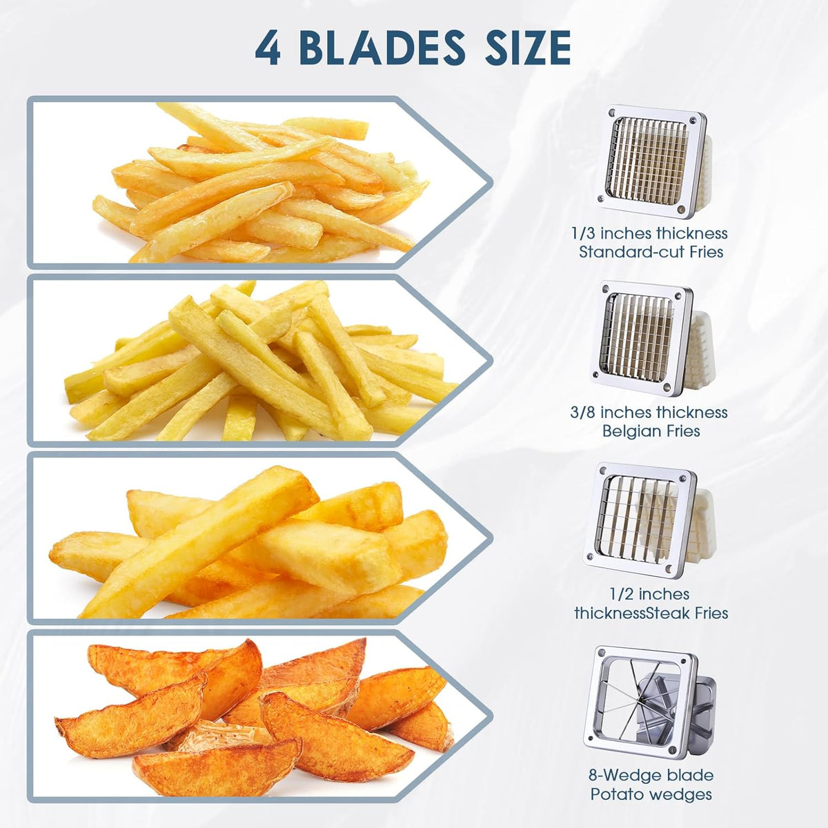 Commercial French Fry Cutter Stainless Steel Potato Cutter with 1/2,1/3,3/8 Inch Blade and 8-wedge balde, Heavy Duty Potato Slicer Manual Potato Chopper Set for Sweet Potato, Carrot, Cucumbers