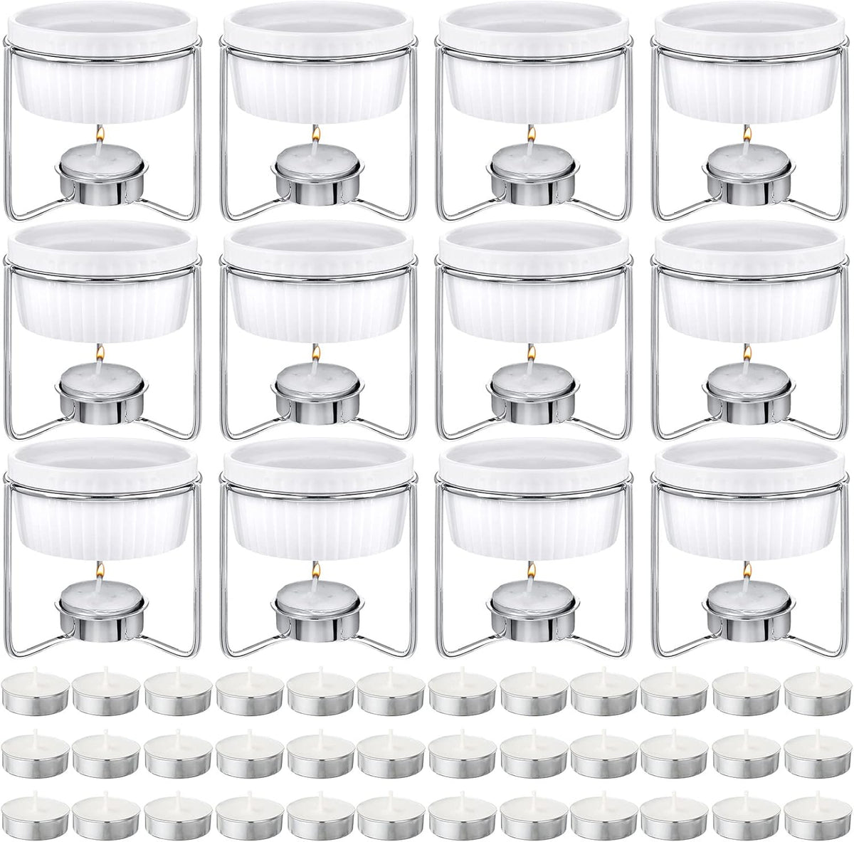 60 Pcs Ceramic Butter Warmers Set, Include 12 Butter Warmers for Seafood Melter with Stands, 48 Tea Light Candles Food Warmer Candle for Fondue Chocolate Dishwasher Microwave Oven Safe