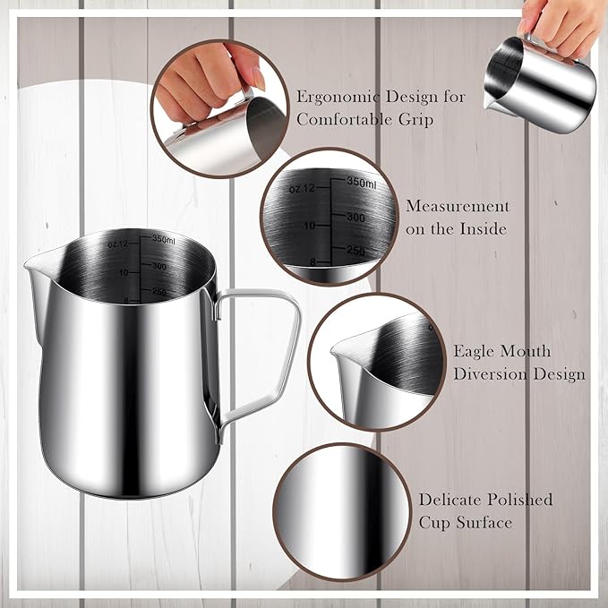 Dandat 8 Pcs Milk Frothing Pitcher Espresso Steaming Pitchers 12 Oz Stainless Steel Milk Steamer Cup Frother Jug for Espresso, Latte Art, Chai Cappuccino Hot Chocolate