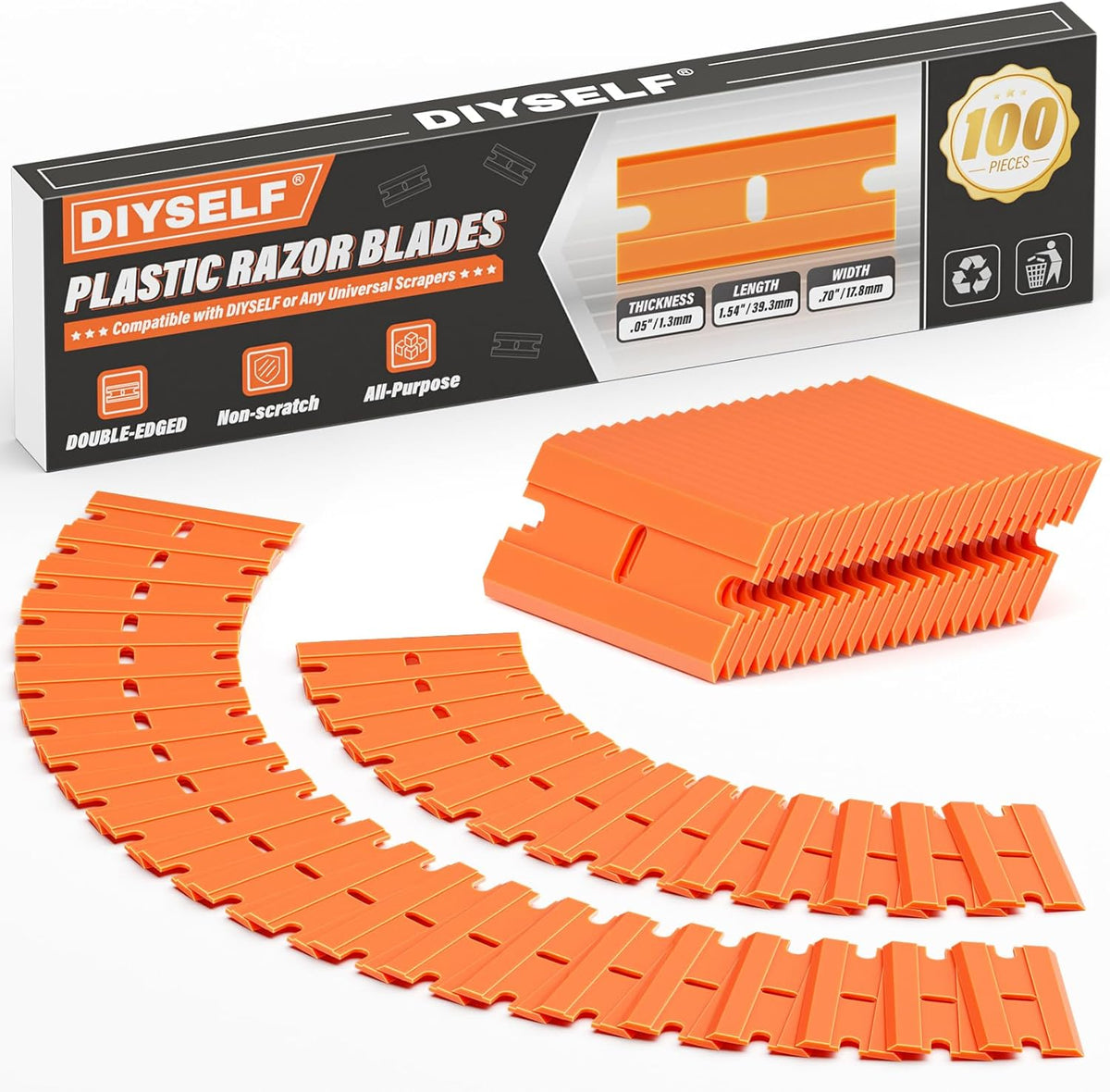 DIYSELF 100 Pack Plastic Razor Blades, Blade Refill for Plastic Razor Blade Scraper, Durable Plastic Blades for Cleaning Adhesives, Glass, Metal, and Floors, Plastic Scraper Blades
