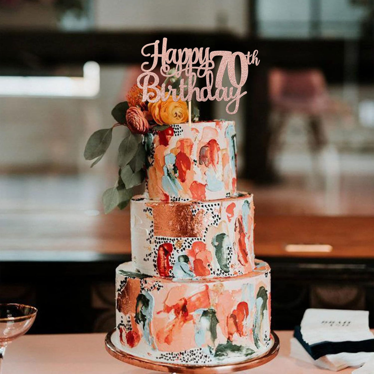 1 PCS Happy 70th Birthday Cake Topper Glitter Cheers to 70 Years Birthday Cake Pick Seventy 70 Fabulous Cake Decoration for Happy 70th Birthday Anniversary Party Decorations Supplies Rose Gold