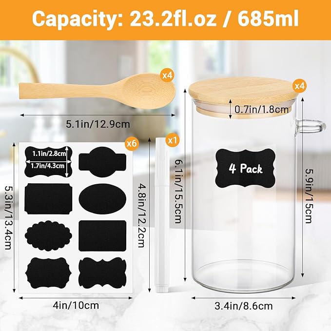 Glass Jars with Bamboo Lids and Spoon - 4 Pack 23 Fl.oz Glass Jars with Airtight Lids, Includes Labels and Marker, Pantry Canister for Cereal, Tea, Flour Sugar Coffee Containers