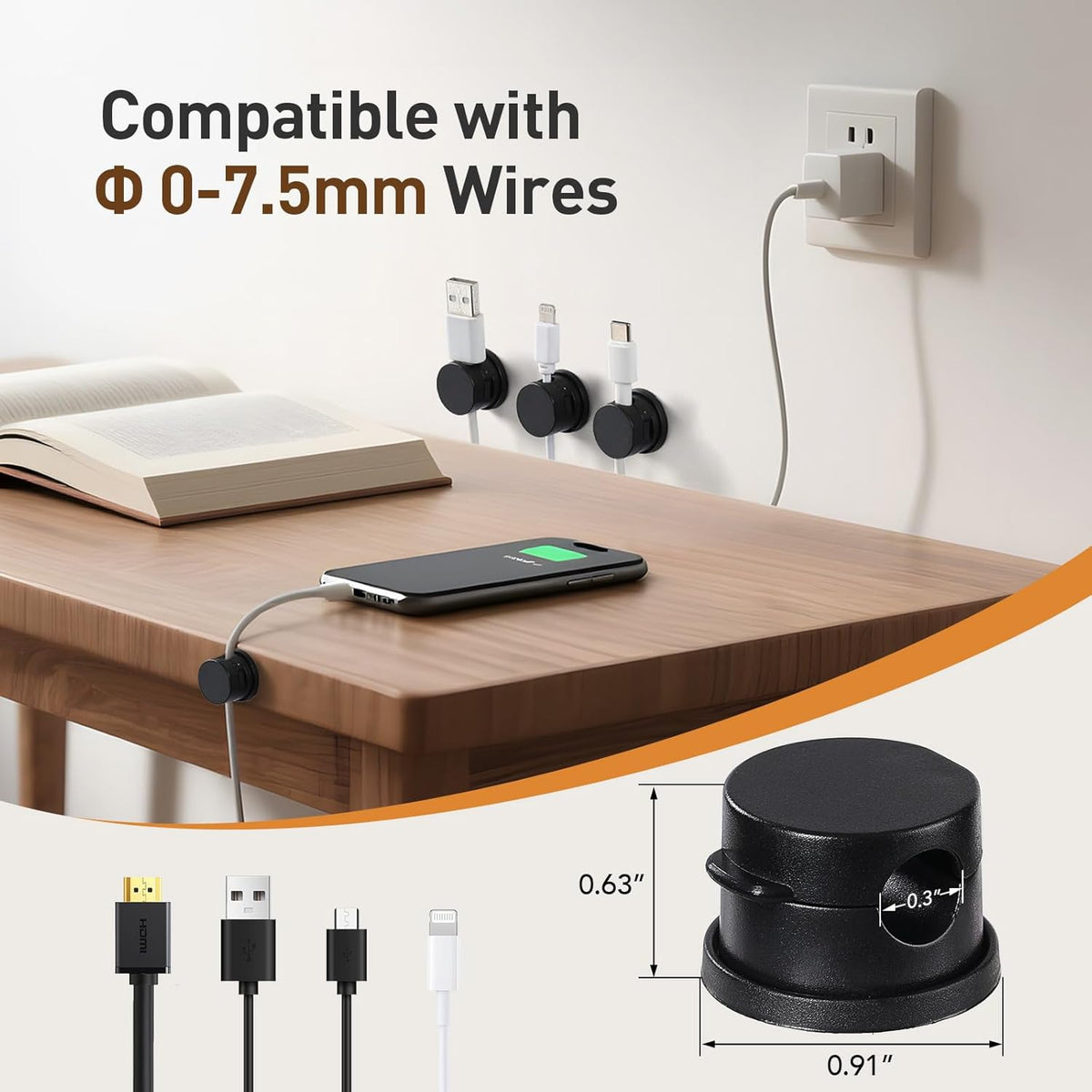AGPTEK 8 Pack Magnetic Cable Clips, Upgraded 360° Rotatable Cord Holder Clips for Nightstand, Desk Cord Organizer Adhesive Wire Management Home Office Phone Charging Cords USB Cable Keeper (Black)
