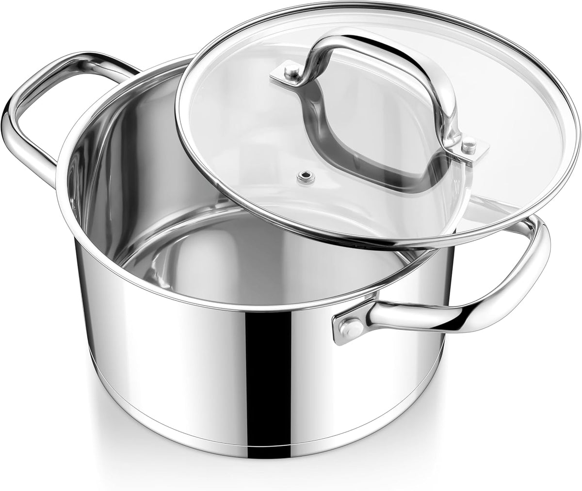 E-far Stainless Steel Stockpot, 5 Quart Pot with Glass Lid for Soup Pasta, Induction Nontoxic Cooking Pot for All Stoves, Thick Tri-Ply Bottom & Double Riveted Handle, Oven & Dishwasher Safe