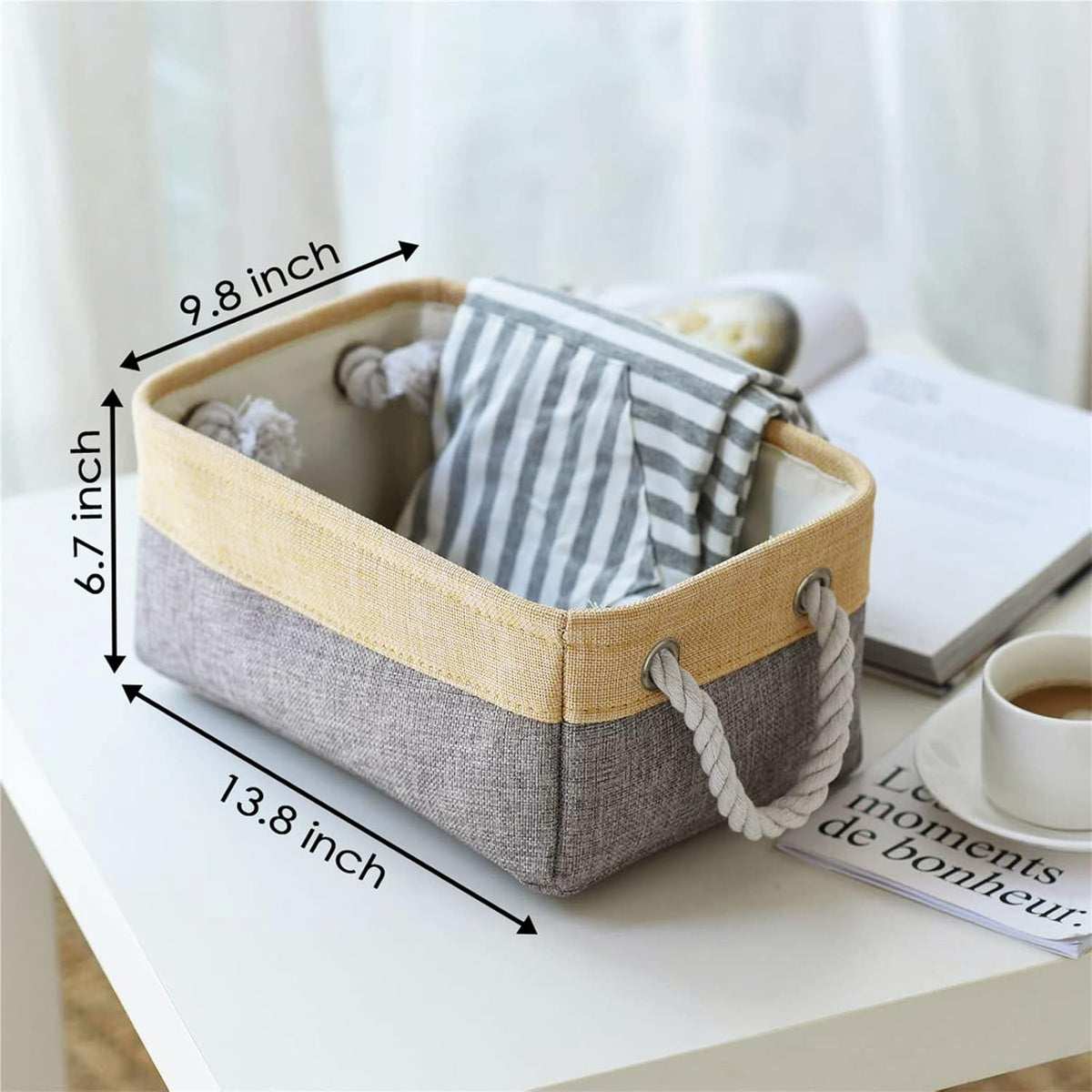 TheWarmHome Decorative Basket Rectangular Fabric Storage Bin Organizer Basket with Handles for Clothes Storage (Gold&Grey, Medium-1Pack,13.8L*9.8W*6.7H)
