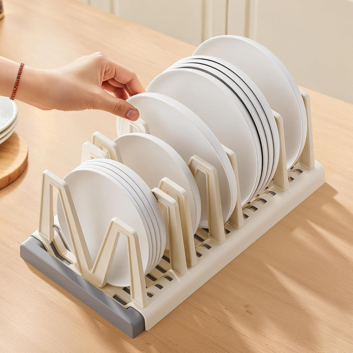 Li&Zhao Pots and Pans Organizer under Cabinet - Extended Dining Tray Storage Rack Cutting Board Rack Lid Holders inside Cabinet with 7 Adjustable Compartment for Kitchen Storage(Beige)
