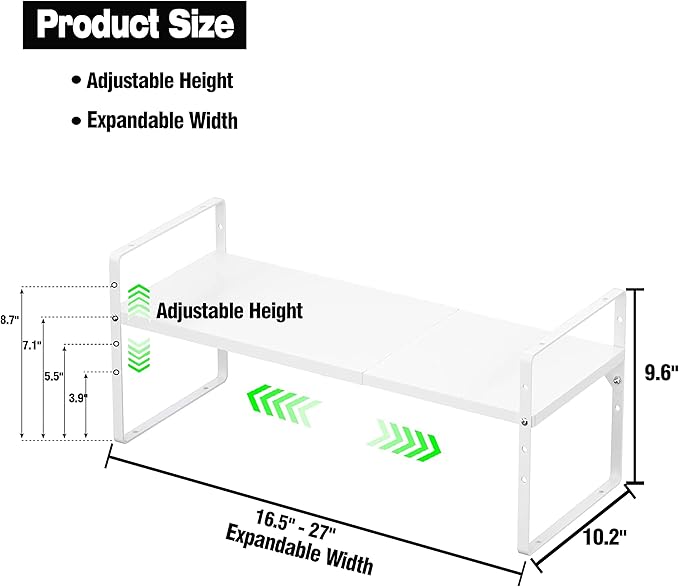Expandable Kitchen Cabinet Storage Shelf, Stackable Metal Pantry Storage Shelves Organizer, Adjustable Height Counter Spice Rack for Kitchen Cabinet, Countertop, Pantry and Office