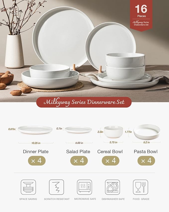 Famiware Milkyway Stoneware Dinnerware Sets with Pasta Bowls, Service for 4 (16 Pieces), Plates and Bowls Sets -Scratch Resistant, Microwave and Dishwasher Safe Dishes Set, White