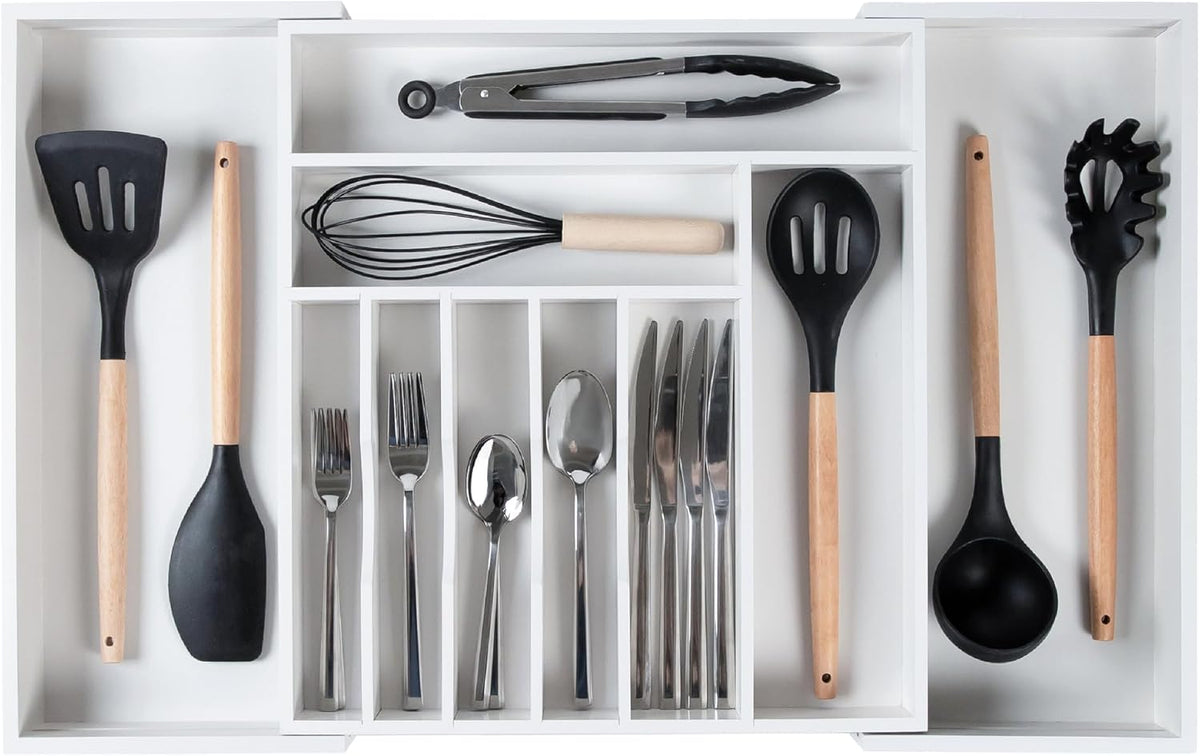 KitchenEdge Premium Silverware, Flatware and Utensil Organizer for Kitchen Drawers, Food-Safe Contract Grade, Expandable from 16 to 28 In, White Bamboo