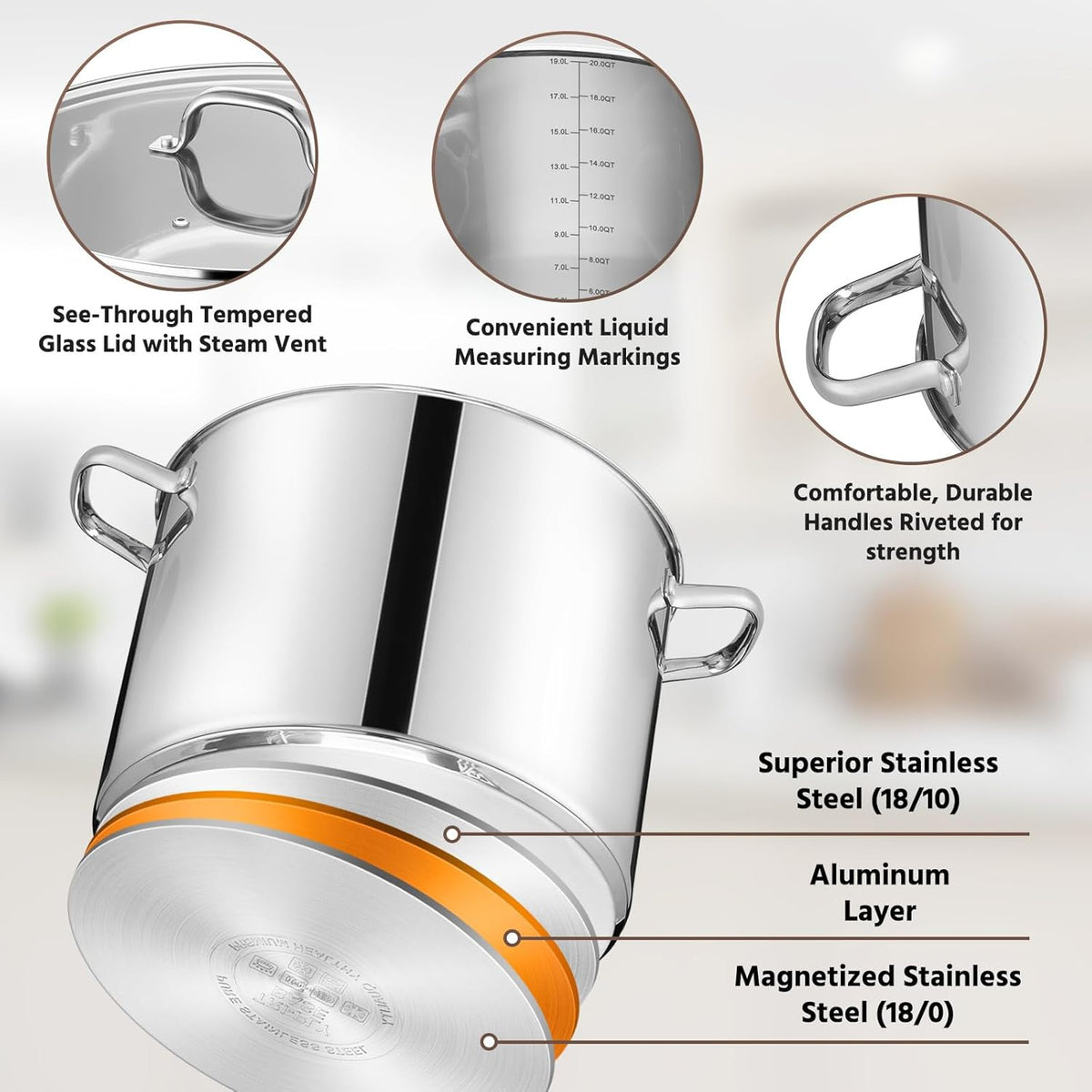 20 Qt Large Stock Pot, E-far Stainless Steel Stockpot with Lid for Boiling Cooking Soup Stew Canning, Heavy Duty Tri-Ply Bottom Works w/Induction, Commercial Grade & Dishwasher Safe