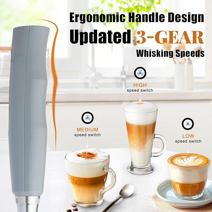 Nahida Cement Gray Milk Frother Wand for Coffee, Frother Handheld Rechargeable Electric Whisk with 3 Heads 3 Speeds Drink Mixer Coffee Frother Foam Maker For Latte, Cappuccino, Hot Chocolate, Egg