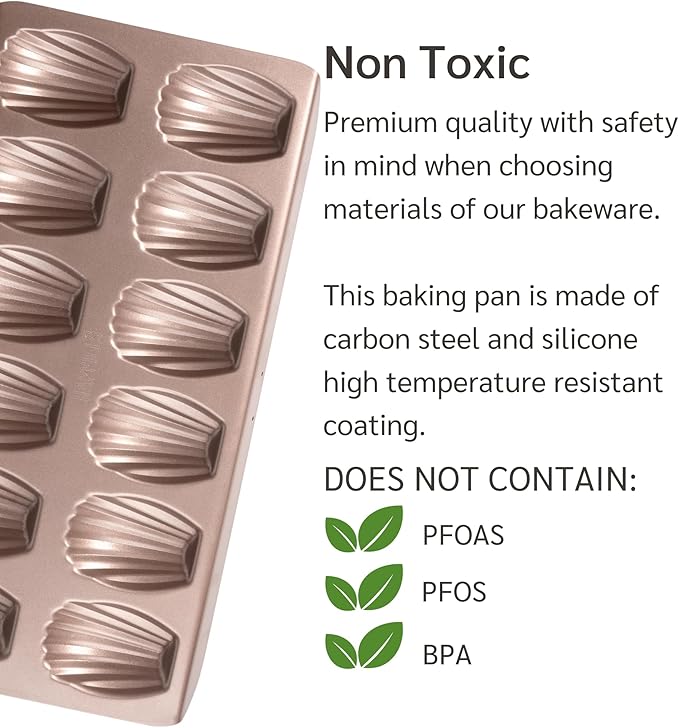 HAPPIELS Non Toxic Nonstick Madeleine Pan 12 Well Set of 2 (24 wells) | Non Stick Nontoxic Madeleines Pans for baking | Madeleine Cake Cookie Mold | Madeleine tray for oven | French tin 12