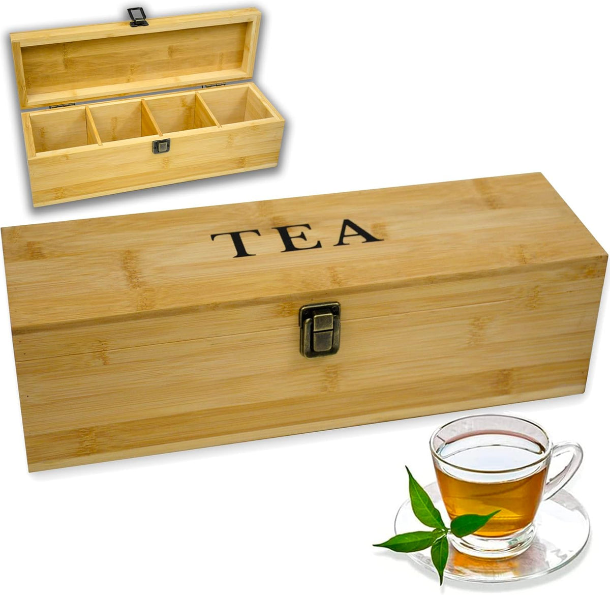 Bamboo Tea Organizer Box Chemical Free Eco-Friendly Big, Tall, Adjustable Cubbies Natural Wooden Storage Chest (4-Slot Rectangle 14.3"x 4.4" x 4.2" with TEA print design)