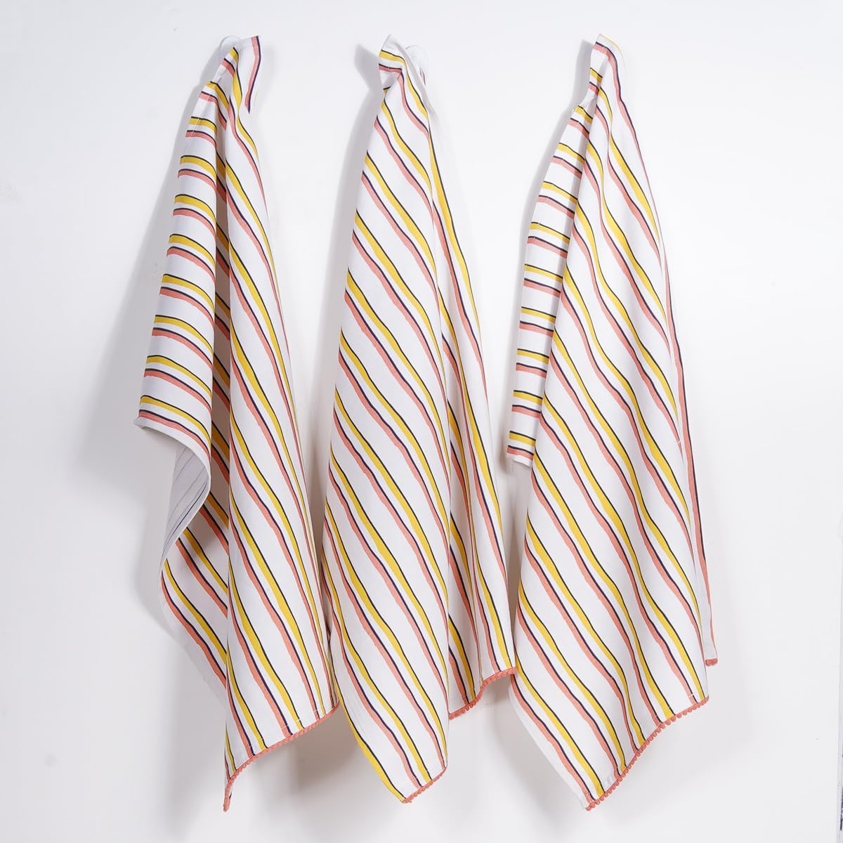 Printed Kitchen Dish Bar and Tea Towels Cotton, 18x28 inch with Trims, Cotton Dish Towel Sets (Yellow Stripes, Set of 6)