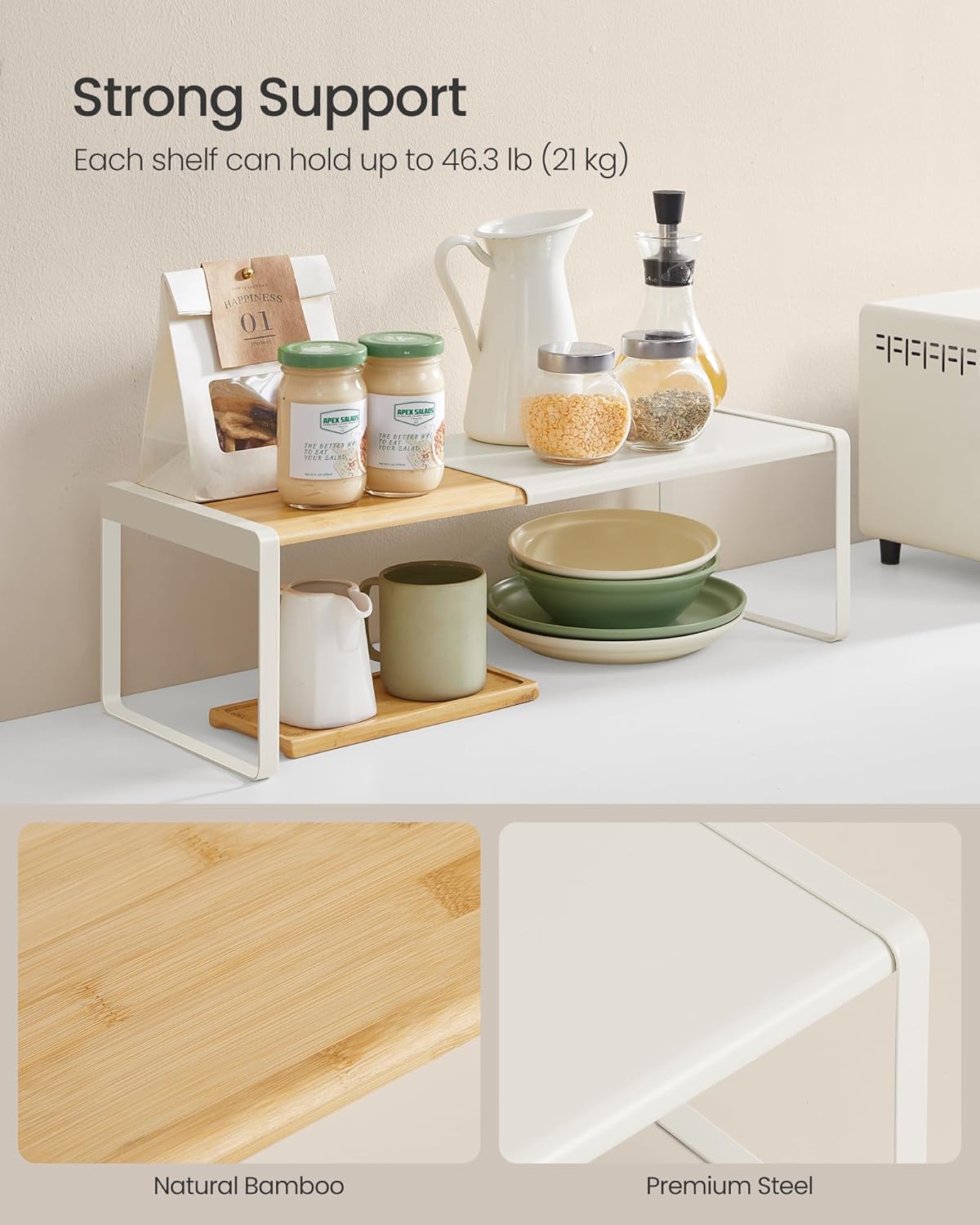 SONGMICS HOME Spice Racks, Expandable Cupboard Shelf Orgnizers, Kitchen Counter Shelves, Bamboo and Metal, Space-Saving Shelving, Stackable, Light Bamboo and Cream White UKCS051N01